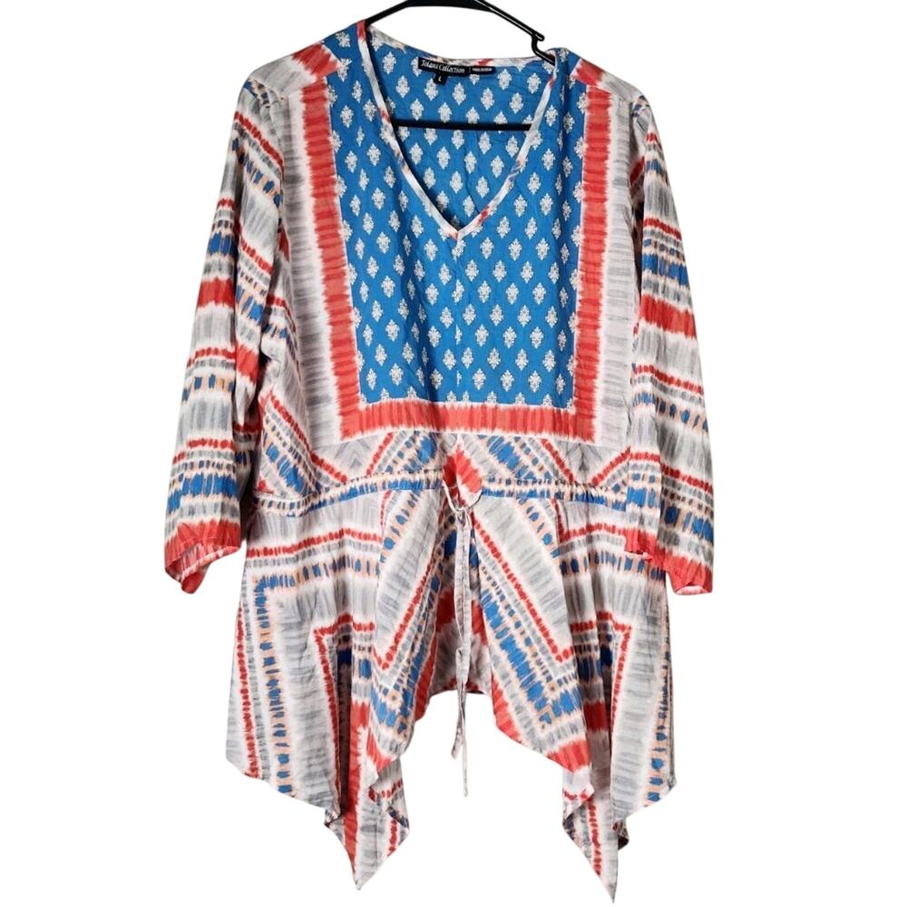 Tolani Collection Blouse Size‎ Large Handkerchief Hem Red Blue V-Neck